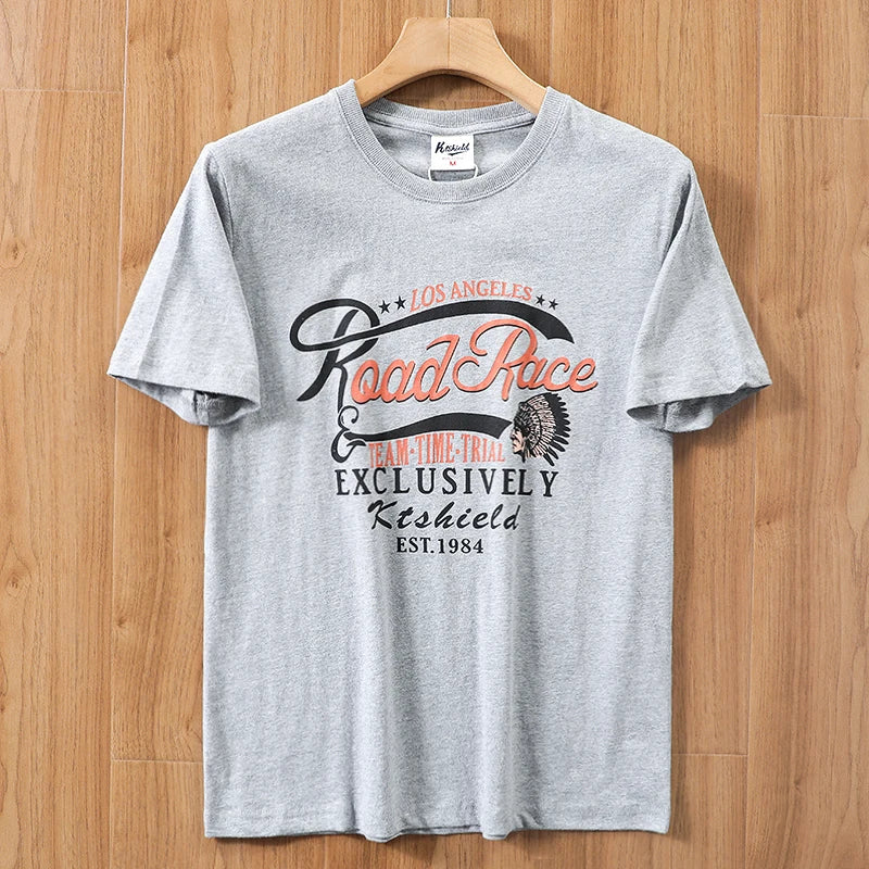 2025 Summer New American Retro 250g Short Sleeve O-neck Printed T-shirt Men's Fashion 100% Cotton Washed Casual Loose Tops