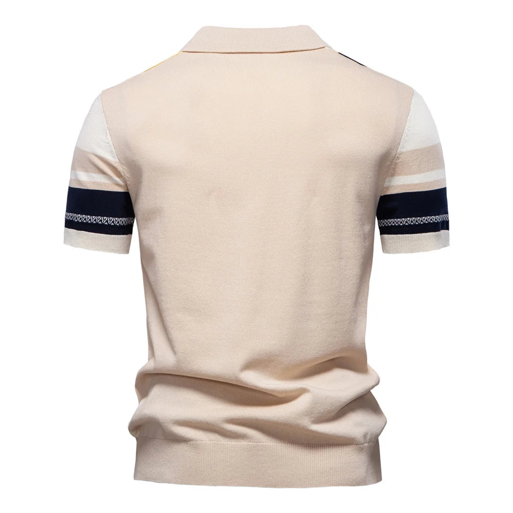 2025 Men's Breathable Striped Contrast Panel Polo Shirt - Lightweight Summer Casual Knit Top with Mesh Inserts