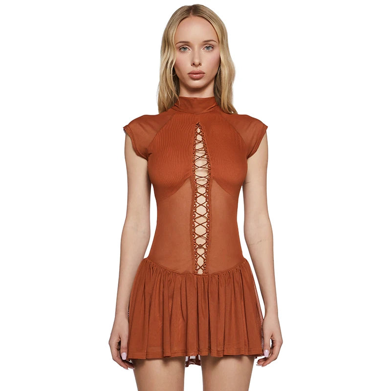 Hollow Sexy Dress Women o-Neck Coquette Sleeveless Patchwork Pleated Hem Halter Summer Midnight Clubwear Mini Bodycon