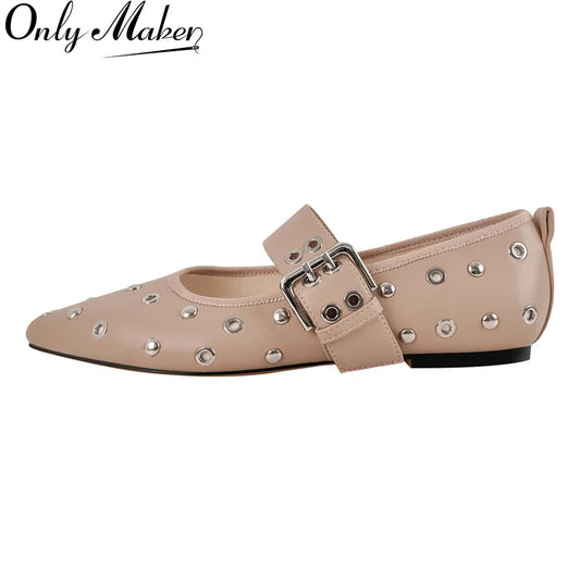 Women Pointed Toe Flats Comfortable Buckle Strap Mary Jane Studded Shoes