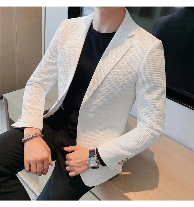 Men’s Waffle Plaid Blazer Coat, Hounds-Tooth Pattern, Wool-Blend Overcoat for Autumn & Winter - Lightweight, Stretchable
