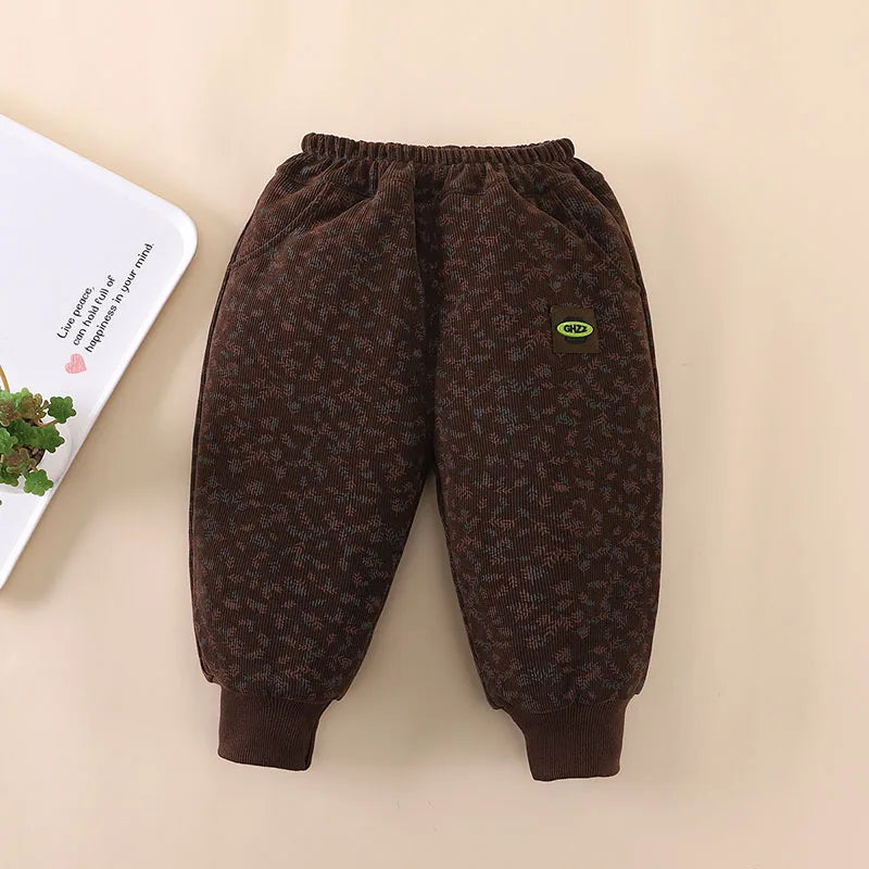 2024 New Children's Pants Girls Wheat Ear Printed Thick Trousers Winter Fur Lining Boys Warm Casual Pants 0-5Y Unisex