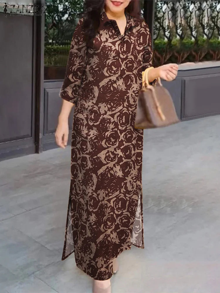 Floral Print Casual Long Vestidos Pure Cotton Vintage Slit Hem Autumn Shirtdress 3/4 Sleeve Women Vacation Maxi Dress