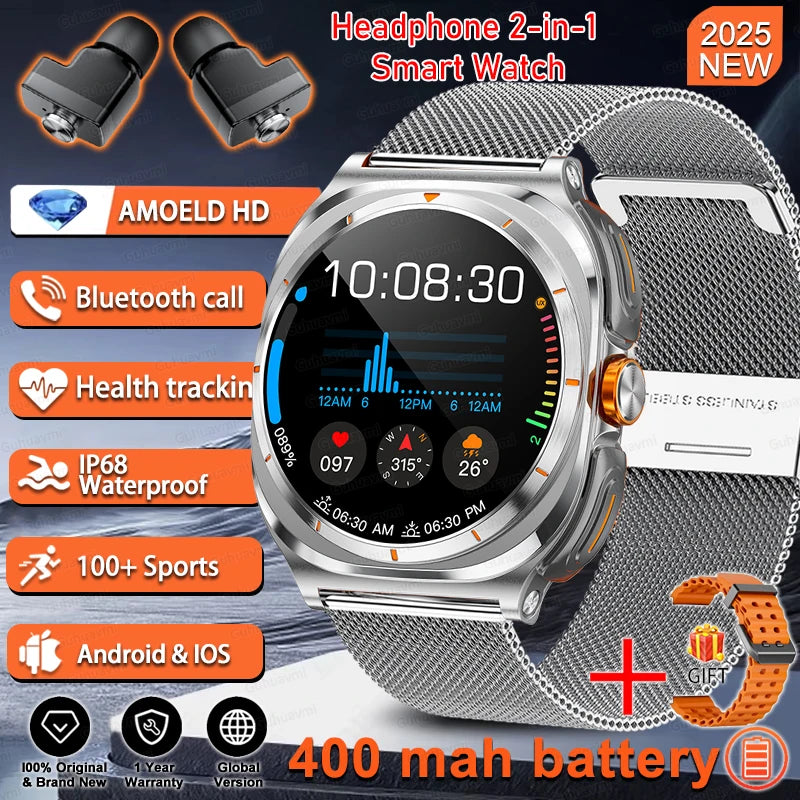 2025 Outdoor Sport Smartwatch AMOLED-scherm Hartslagmeter Waterdicht Bellen TWS Headset Smartwatch Voor Mannen - Compatibel met HUAWEI &amp; Samsung Galaxy IOS