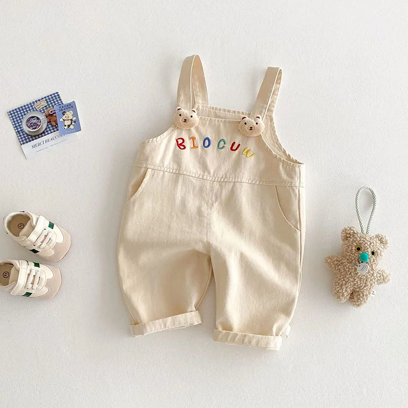 New Spring Kids Overall Children Cute Embroidered Letter Jeans Girls Boys Sweet Loose Casual Pants 0-5T Unisex