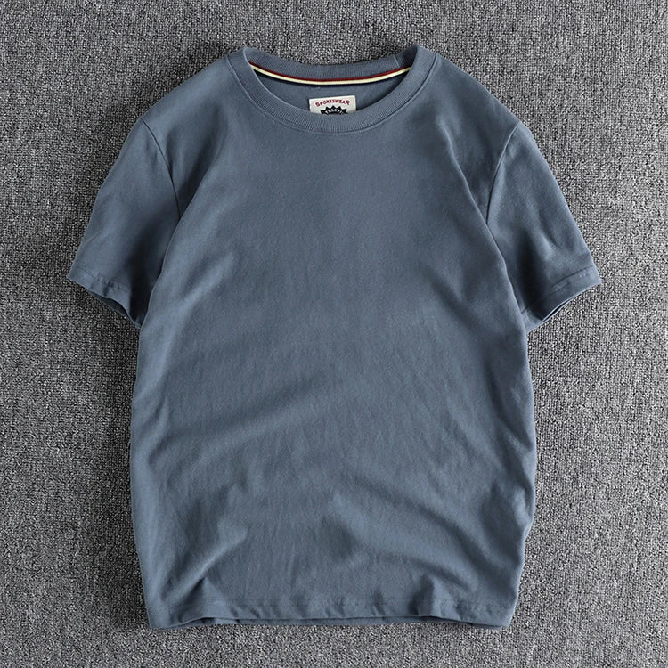 Summer New American Retro Short-sleeved O-neck Solid Color T-shirt Men's Fashion Simple 100% Cotton Washed Casual Sport Tops