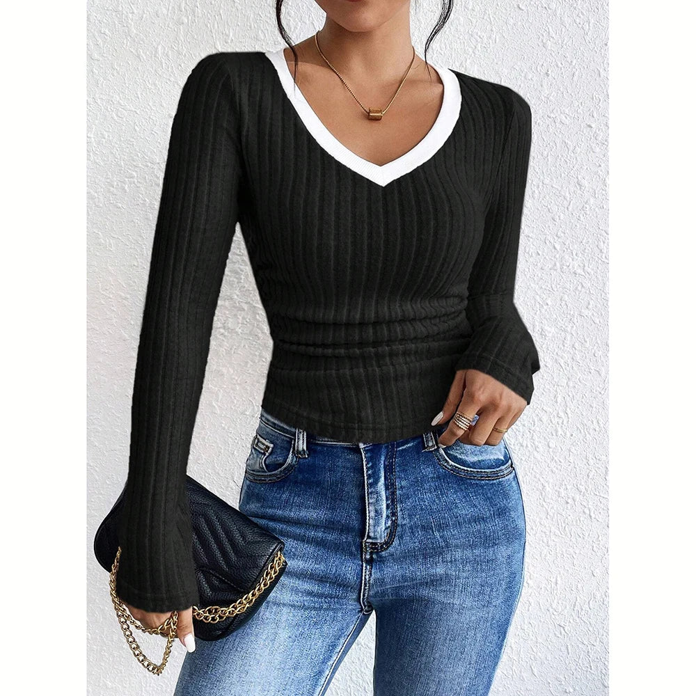 Women's T-Shirts Autumn Winter Fashion Contrast Colour Long Sleeve V-Neck Fashion T-Shirts