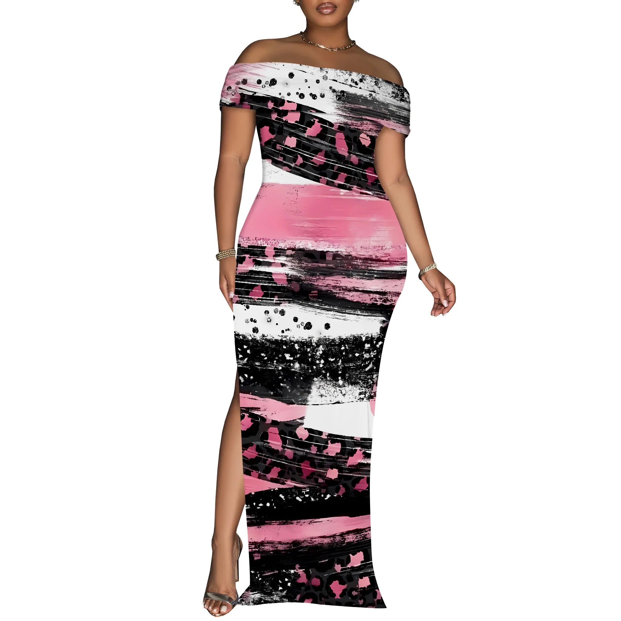 Tribal Patchwork Off Shoulder Maxi Dress Women Boho Style Slim Fit Slit Long Dress Party Clubwear