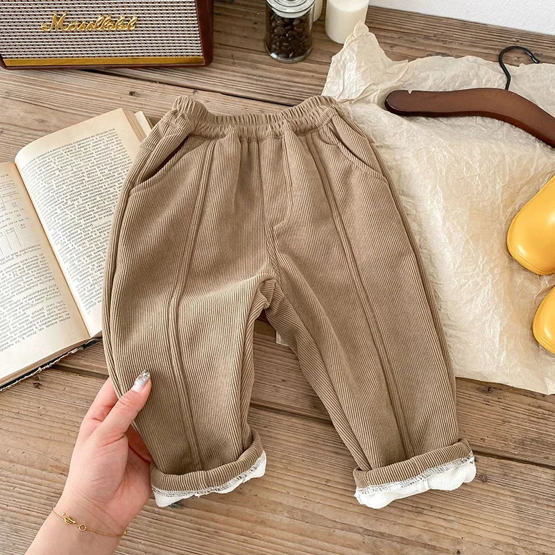 Winter Warm Kids Pants Fleece Lining Corduroy Fleece Boys Girls Trousers Outerwear Clothing 1-6Y Unisex