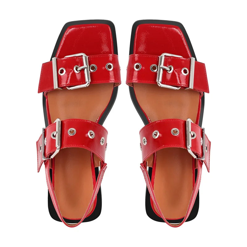 Women Square Toe Buckle Strap Flats Sandals Lady Big  Size Summer Punk Retro Mary Jane Slingbacks Sandals