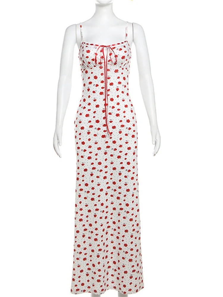 Rose Print Dress Women Square Collar Sleeveless Irregular Sweet Girl Street Fashion Birthday Party Trend Long Bodycon