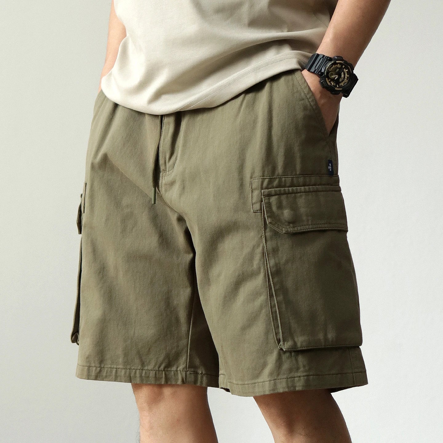 2025 Zomer Nieuwe Amerikaanse Retro Geweven Cargo Shorts Heren 100% Katoen Elastische Taille Trekkoord Casual Losse Rechte 5-punts Broek