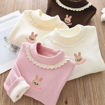 New Autumn Kids Fleece Padded Shirts Cute Embroidery Rabbit Girls Thicken Blouse Versatile Warm Children Lace Tops 1-9T Girls