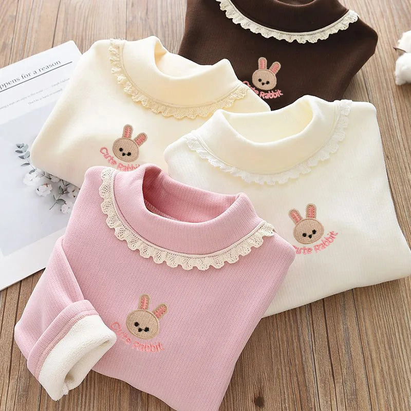 New Autumn Kids Fleece Padded Shirts Cute Embroidery Rabbit Girls Thicken Blouse Versatile Warm Children Lace Tops 1-9T Girls