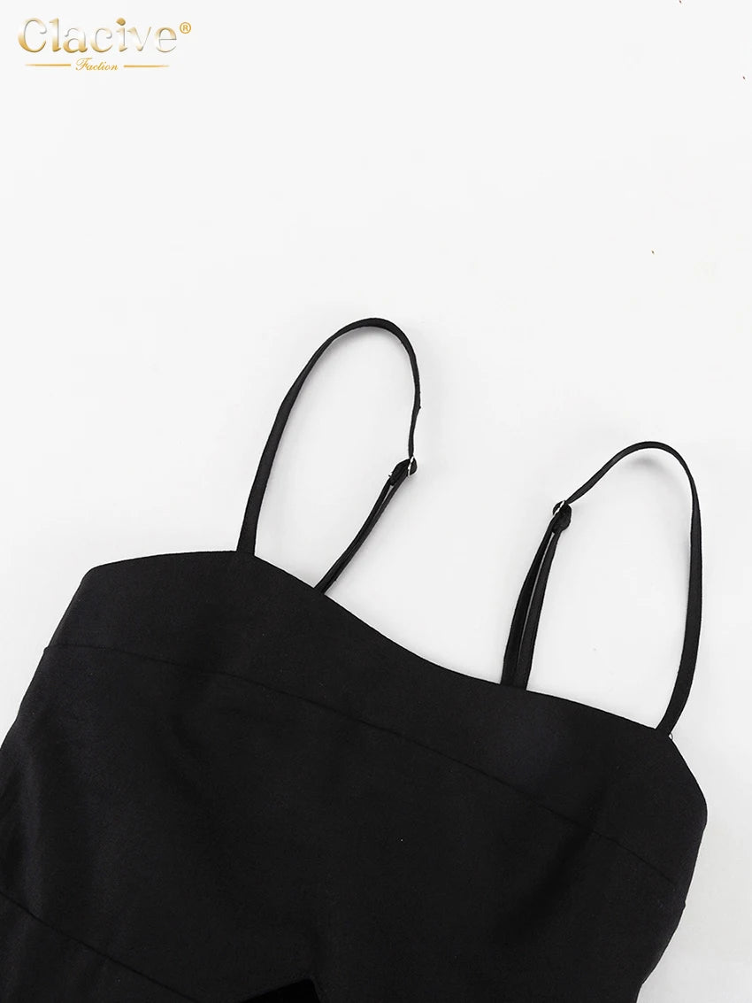 Sexy Loose Black Cotton Womens Dresses 2024 Summer Strap Sleeveless Ankle Length Dress Elegant Hollow Out Female Dress