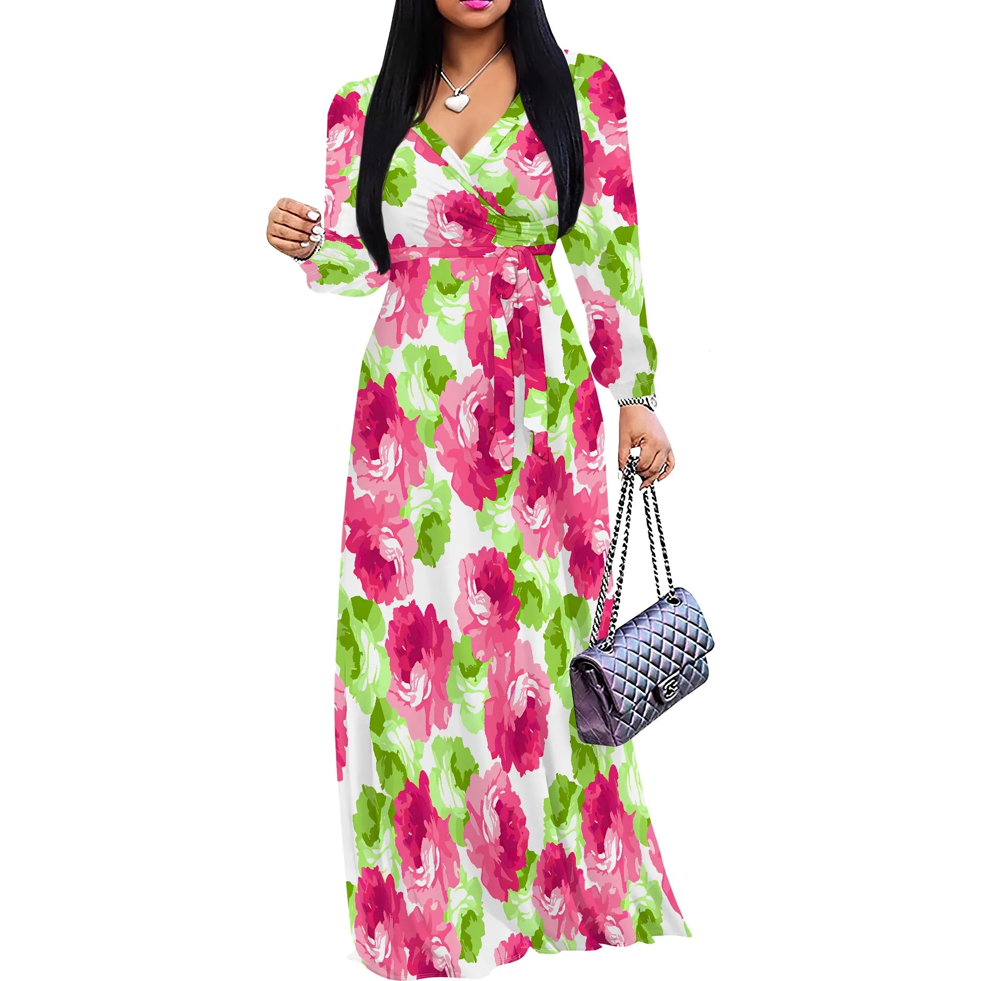 Pink Floral V-Neck Long Sleeve Maxi Dress Women Spring Summer Garden Style