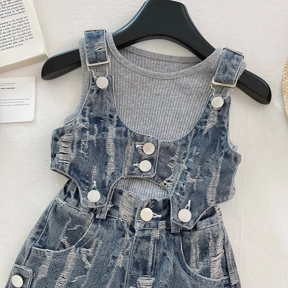 New Summer Girls Clothes 3PCS Set Kids Grey Pit Strip Vest + Ripped Denim Suit Children Fashion Outfit 4-6Y Unisex