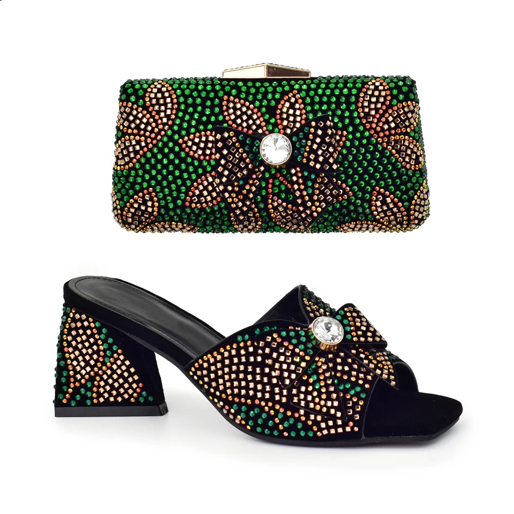 Nigeria Popular Design African Ladies Shoes and Bag Set Decorated with Rhinestone Wedding Shoes Bride Peep Toe Low Black Heels
