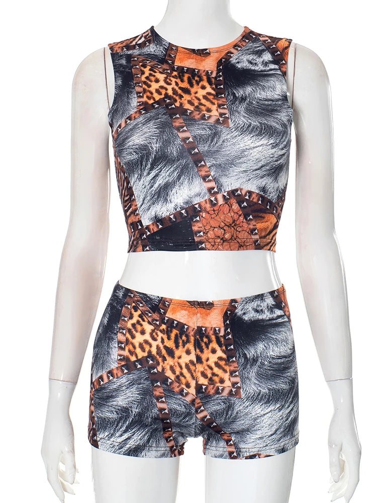 Colourful Print 2 Piece Set Women Casual O-Neck Tank Tops + Skinny Shorts Matching Hottie Sexy Sporty Activity Tracksuit