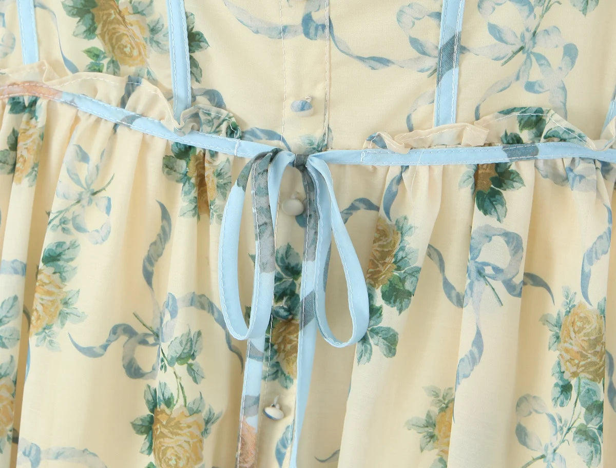 Patchwork Floral Print Boho Summer Dresses Women Vintage Puff Sleeve A-line Midi Chiffon Dress Chic Lady Vacation Robe