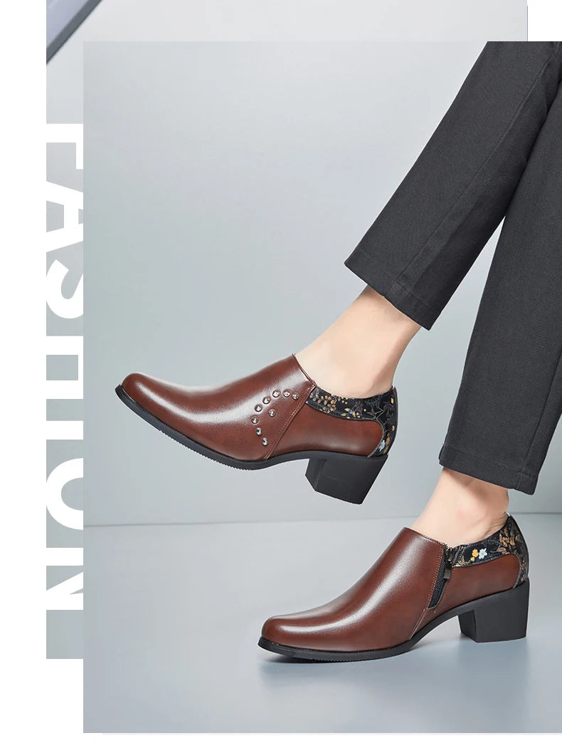 Retro Men European Fashionable Rivet Oxfords Dress Shoes High Heel Male Party Dressing Shoes Height Increasing Zipper Shoe