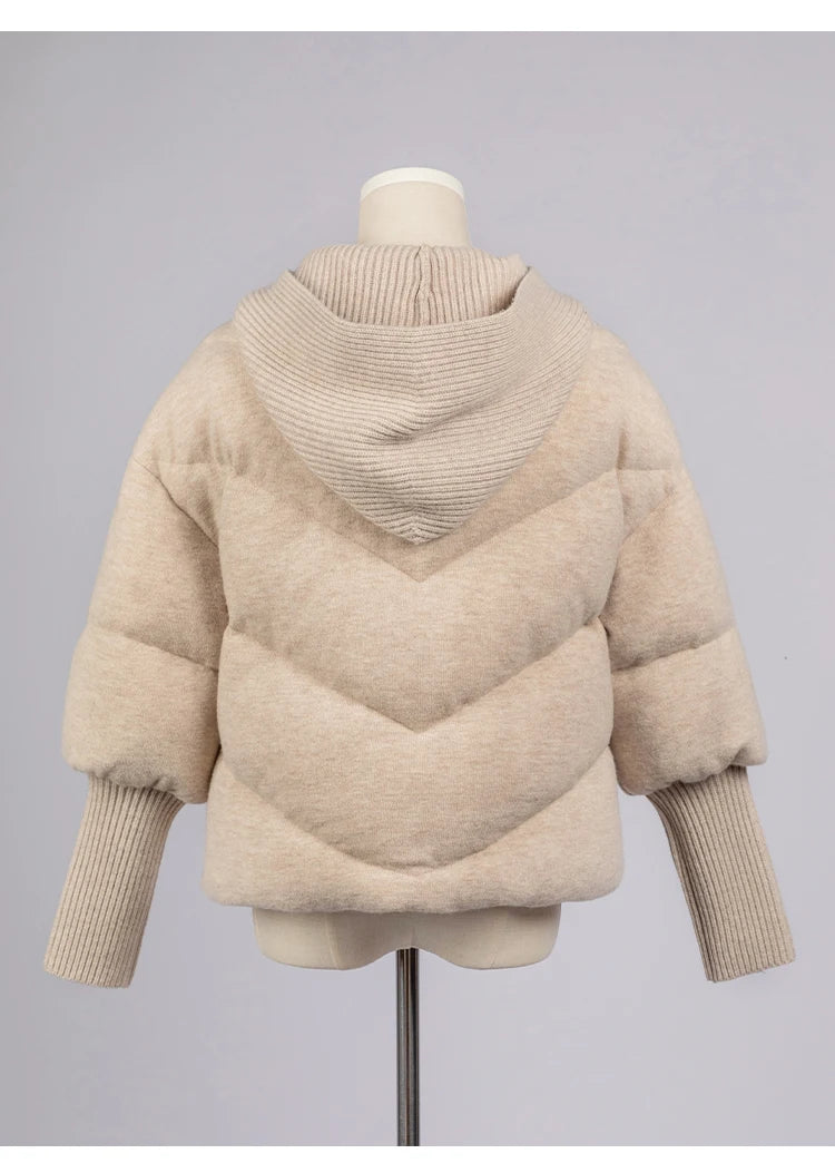 Women's Luxury Hooded Threaded Sleeve Down Coat, Warm Jacket For Ladies