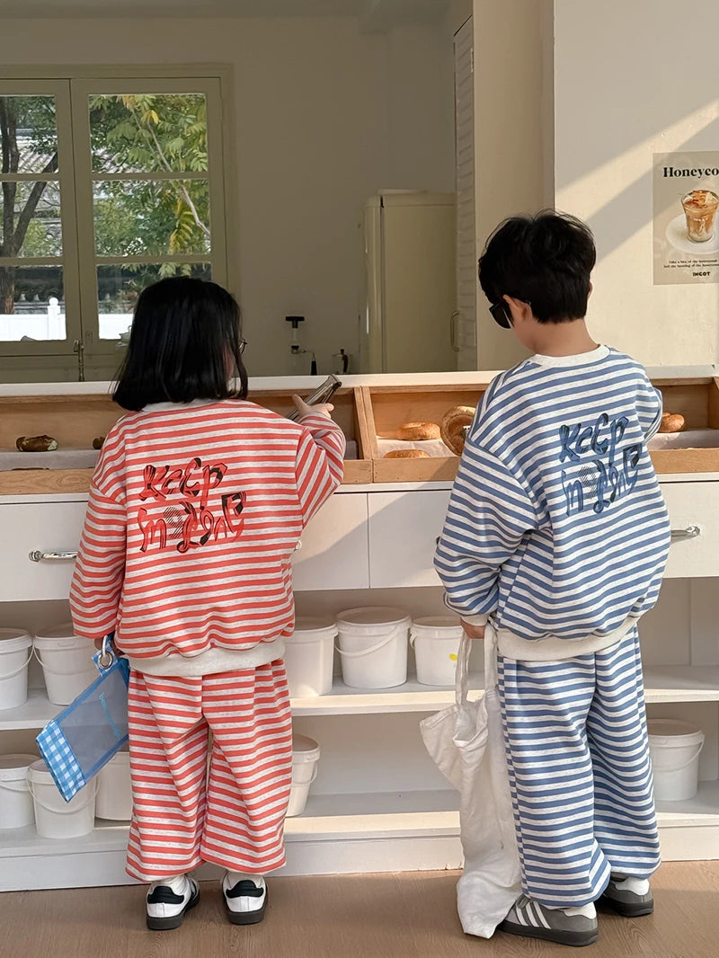 Spring Children's Clothes Boys' Tracksuit Kid's O-Neck Hoodie Set Girls' Korea Striped Letter Printed Sweatshirt 2Pcs Suit 4-6Y Unisex