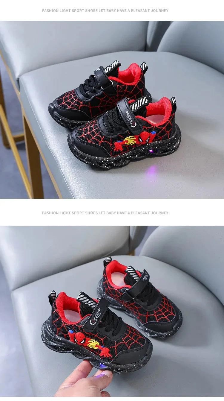 Disney Spiderman Light-Up Boys Spring Sneakers Breathable Mesh Outdoor Shoes with Non-Slip Sole, Illuminated LED Kid Footwear