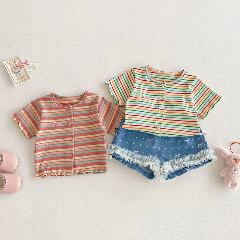 New Summer Girls Colourful Striped Cardigan Kids Short-Sleeved Knitted Sweater Children Cute Lace Bow Jeans 0-5Y Girls