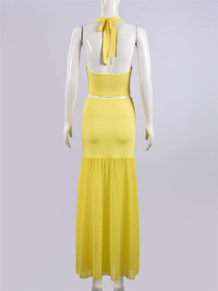 Sexy Fashion 2 Piece Set Women Metal Flower Decoration Halter Hollow Tops + Mesh Patchwork Long Skirts Elegant Outfits