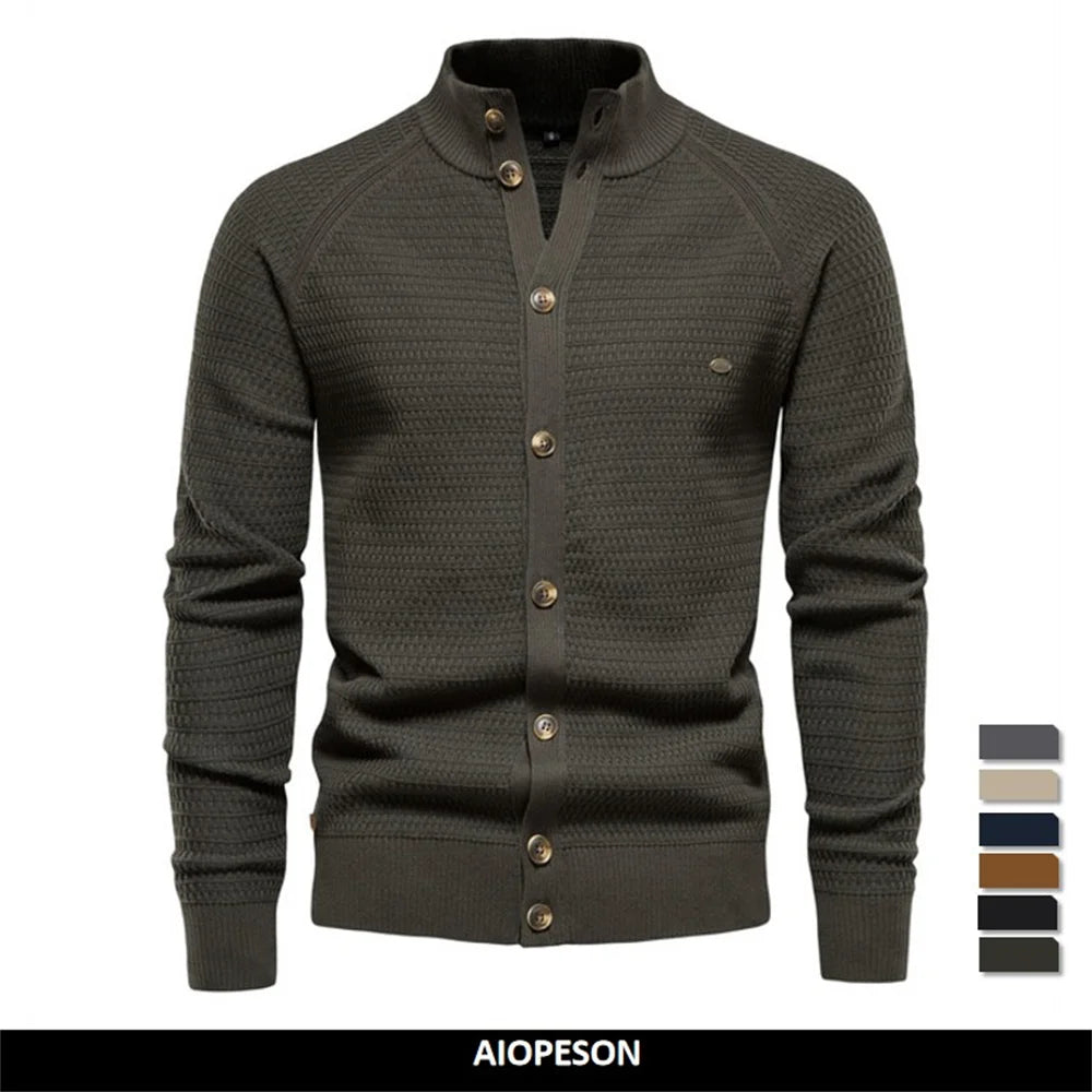 Men's Knitted Cardigan Cotton High Quality Button Mock Neck Sweater for Men's New Winter Designer Cardigans