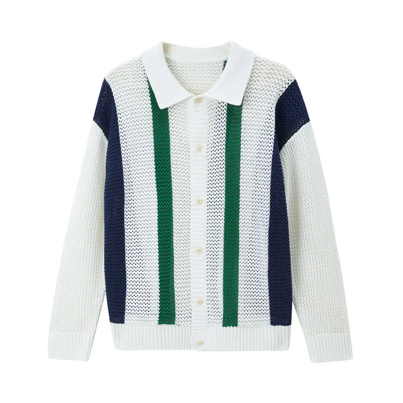 Men's Autumn/Winter Colour-Block Striped Polo Collar Knitted  High Quality Hollow Out Cardigan With 60% Cotton