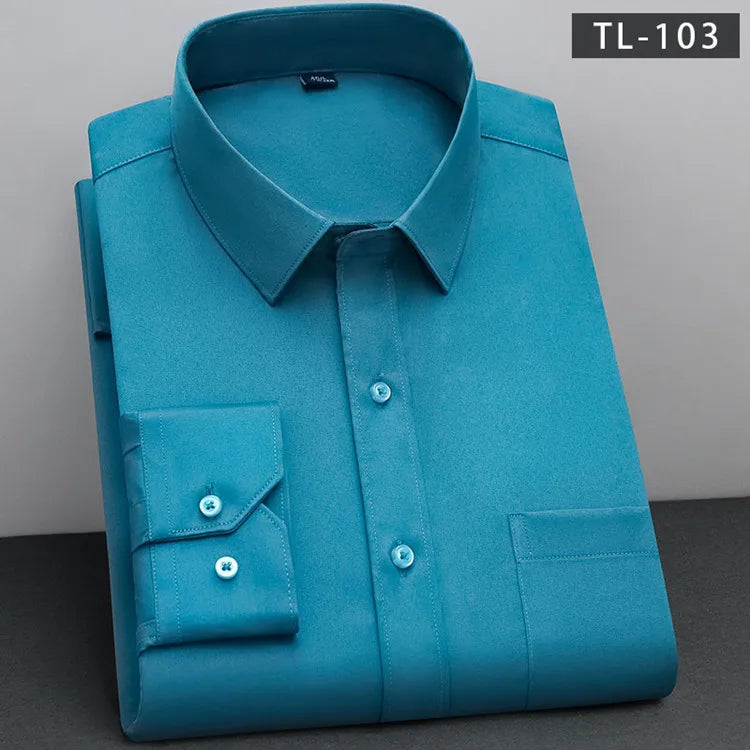 Men's Classic Solid Non-Iron Business Casual Shirt Anti-Wrinkle Soft Wear Long Sleeve Square Collar Tat Fabric Single Breasted