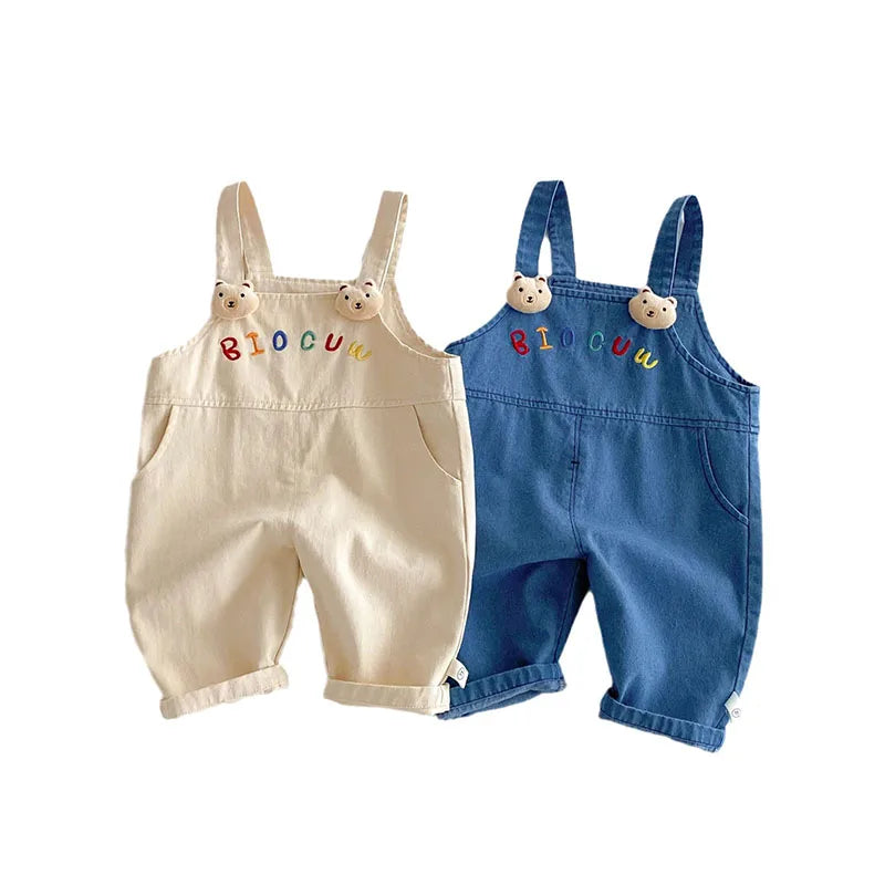 New Spring Kids Overall Children Cute Embroidered Letter Jeans Girls Boys Sweet Loose Casual Pants 0-5T Unisex