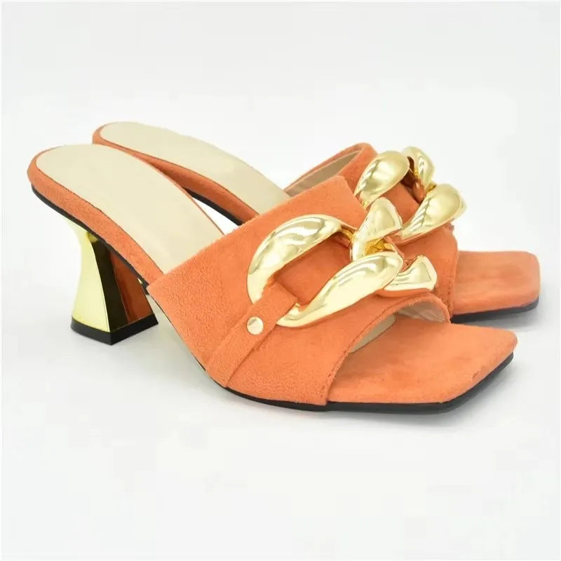 Ladies Metal Decorative Chain Wedding Bridal Shoes Ladies Open Toe High Heels Shoes Slip on Women Party Pumps