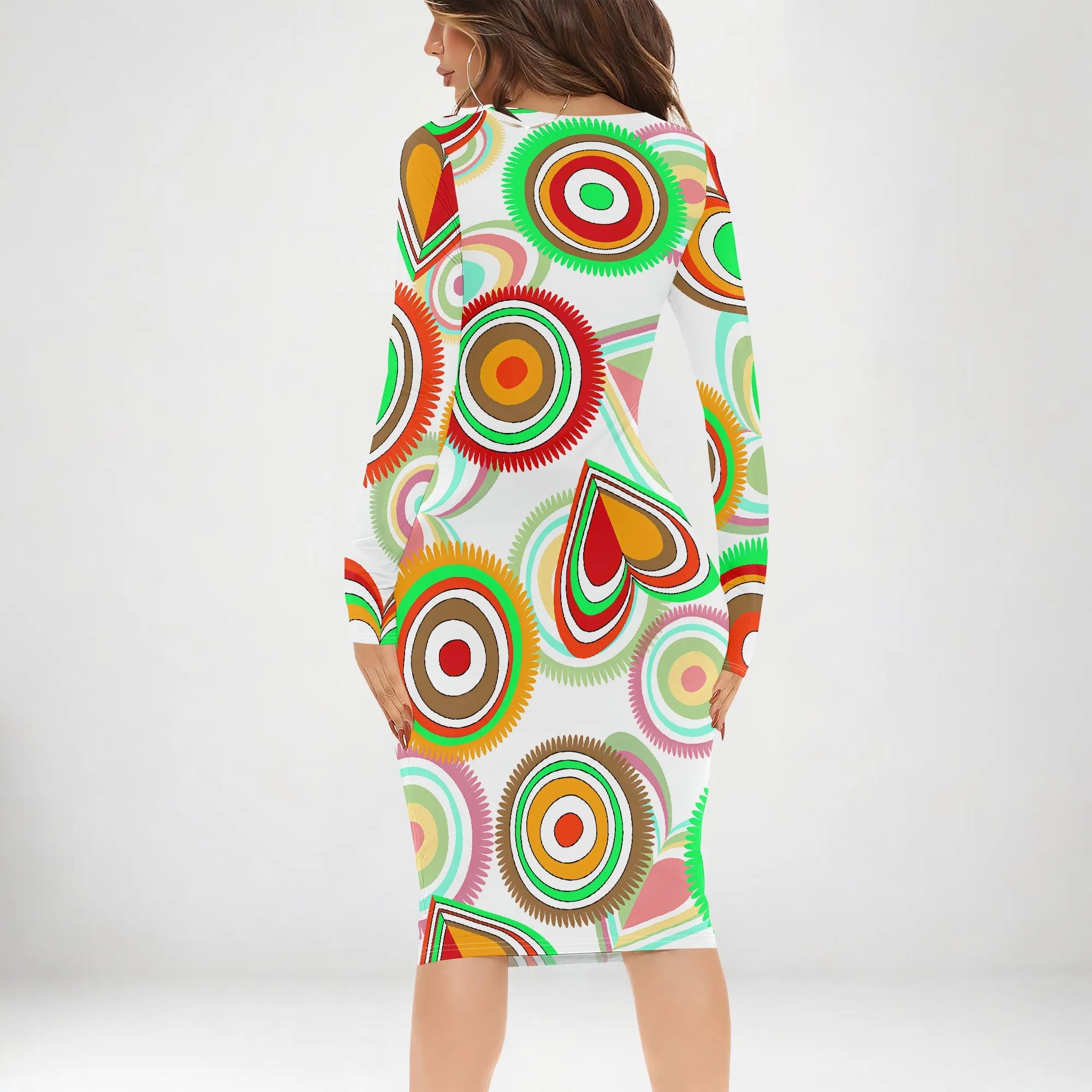 Womens Bodycon White Dark Blue line Flower Print Round Neck Ruffle Ruched Party Knee Length Pencil Dress