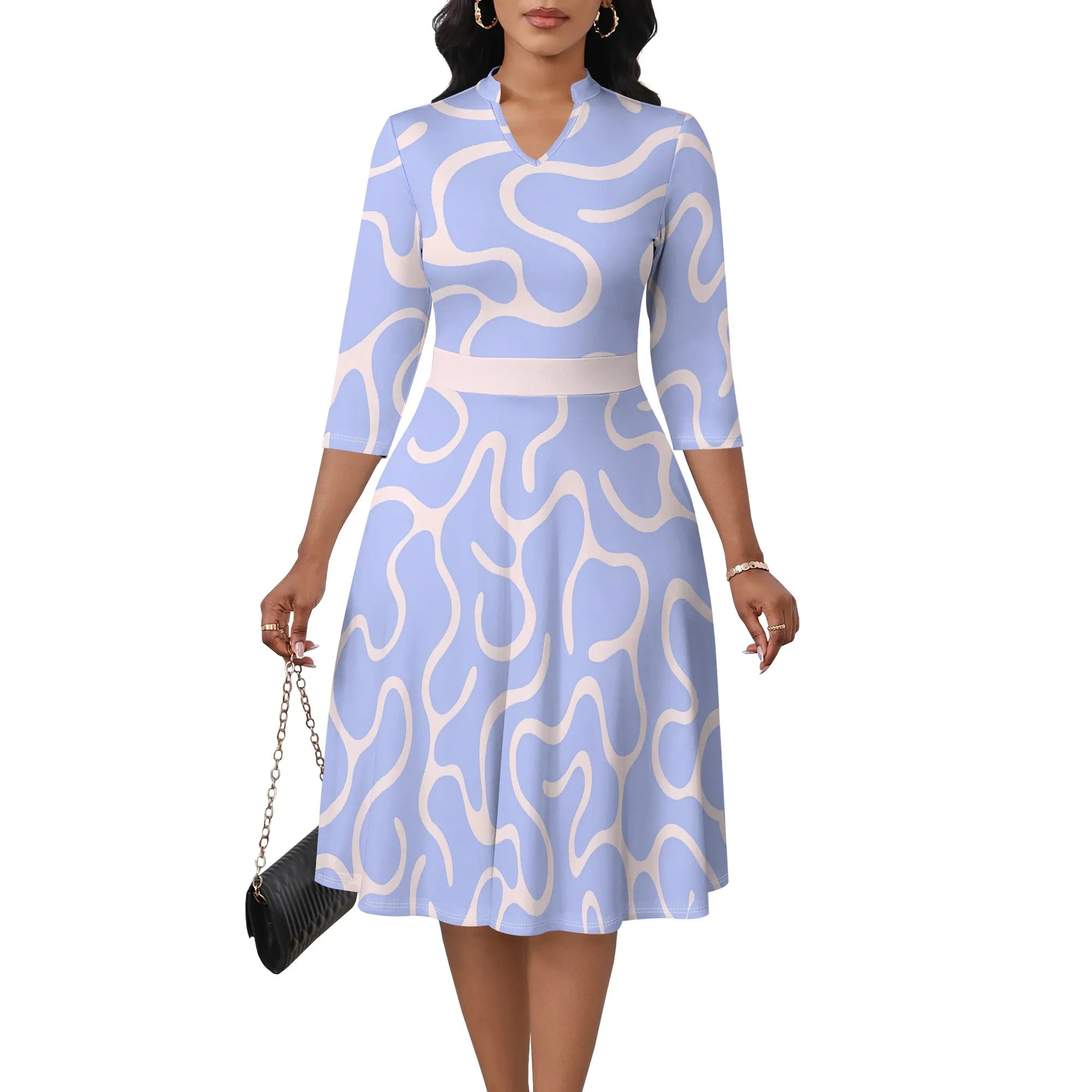 Women's Abstract Off Shoulder Maxi Dress 3/4 Sleeve Blue Gold Slit Party Evening