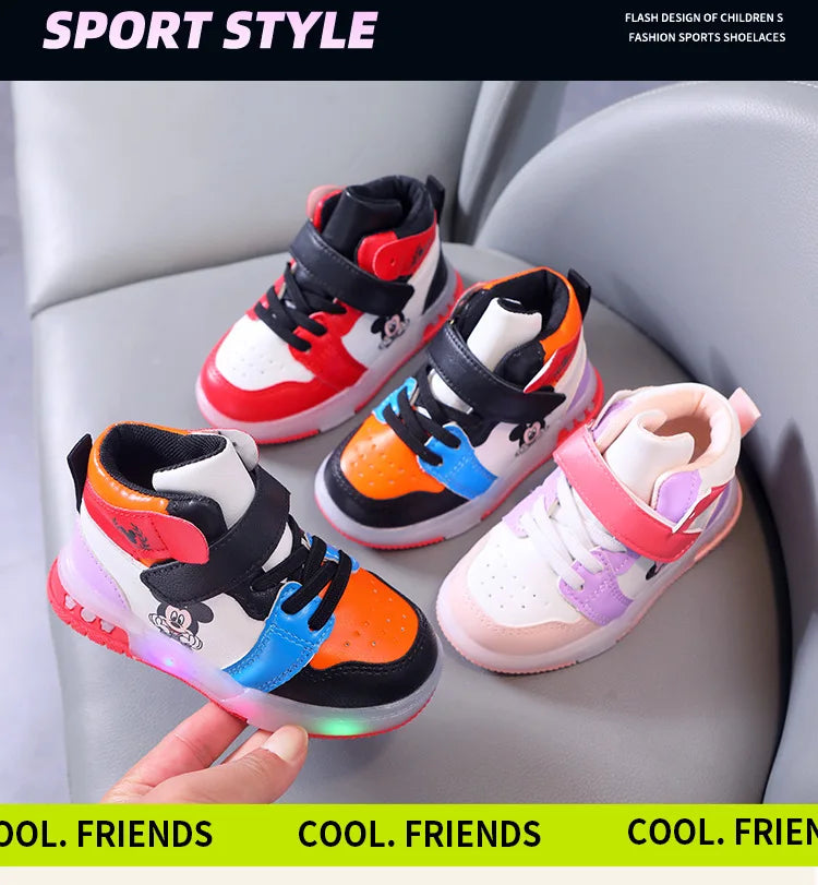 Disney Girls' Casual Sneakers PU Leather Mickey Mouse LED Light-Up Children's Sneakers - 1-6 Years Old Sports Casual Footwears