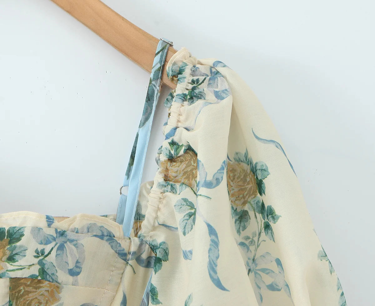 Patchwork Floral Print Boho Summer Dresses Women Vintage Puff Sleeve A-line Midi Chiffon Dress Chic Lady Vacation Robe