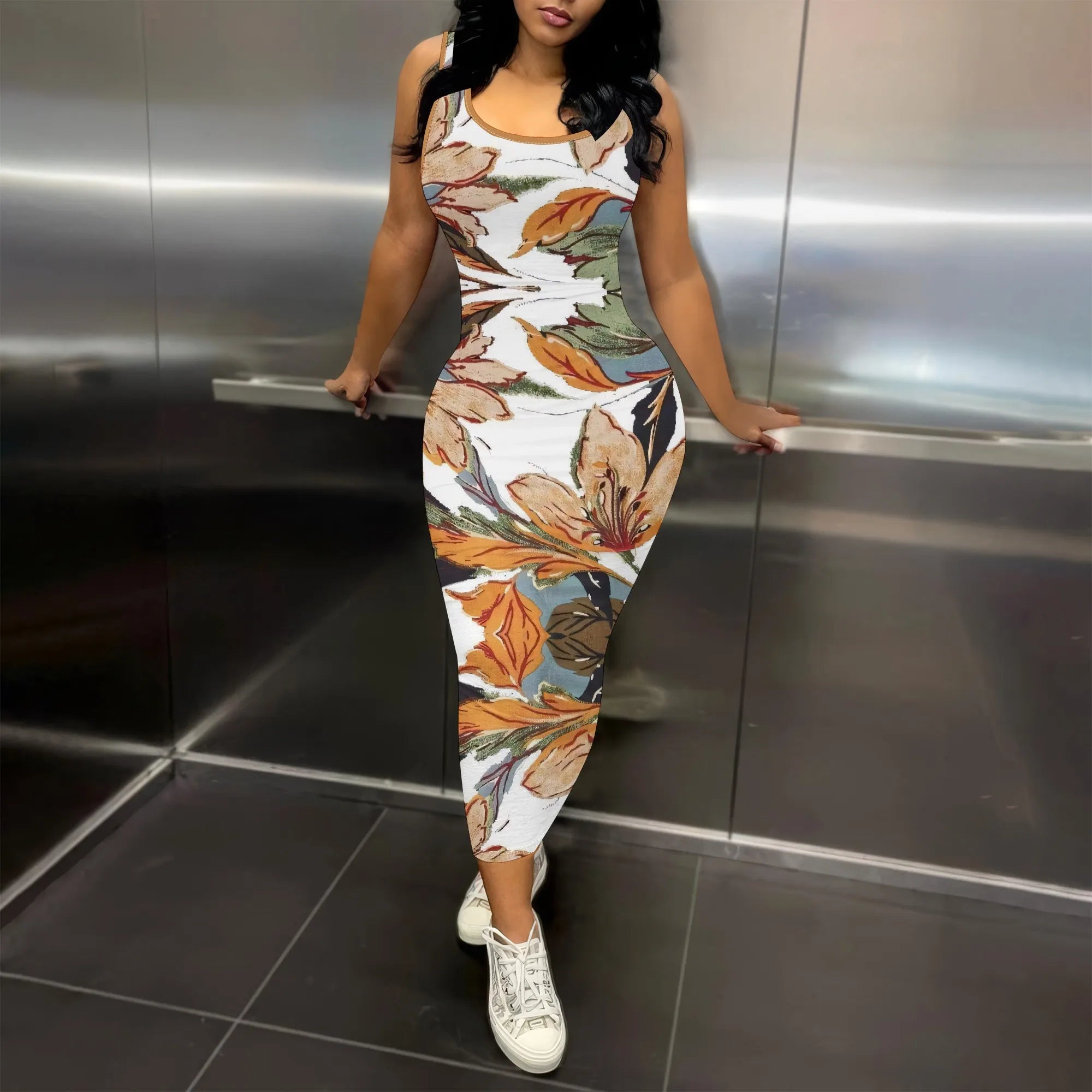 Women's Black Floral Sleeveless Printed Dress Polyester A-Line Knee Casual Summer Trendy Chic Design