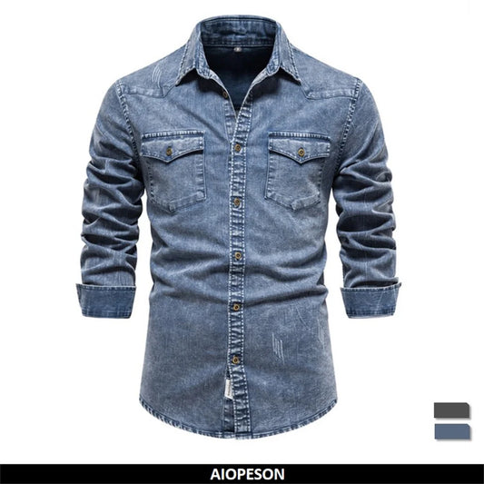 Men's Cotton Denim Shirts Double Pocket Solid Colour Casual Male Cowboy Shirts New Autumn Slim Quality Shirts for Men