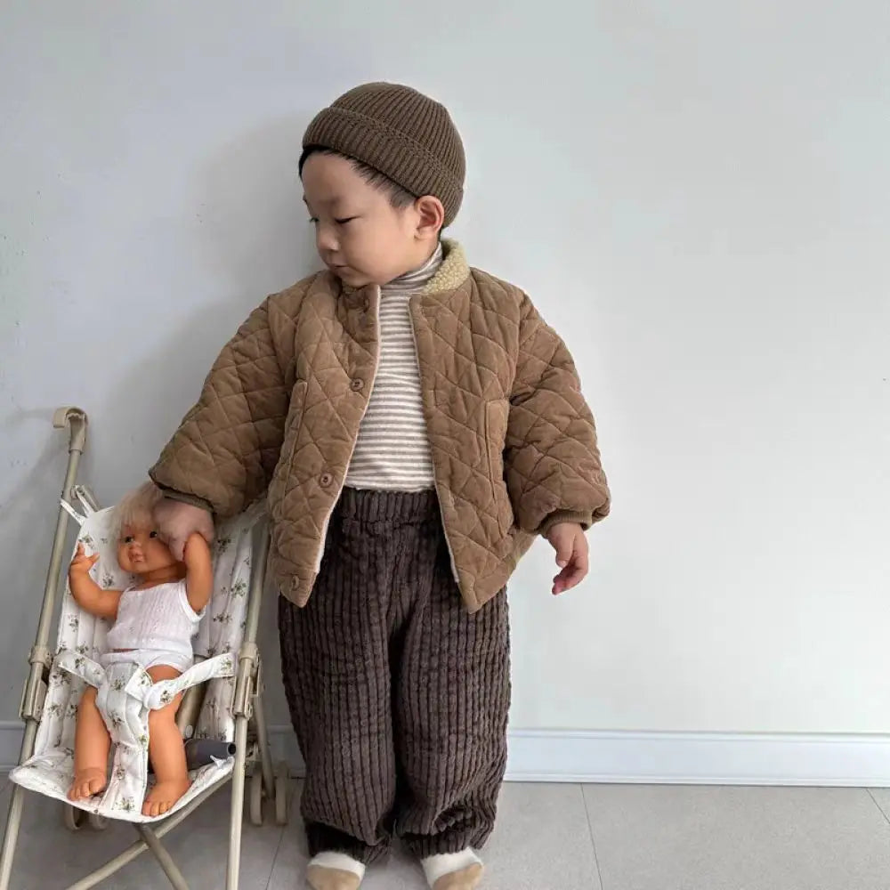 2025 Winter New Baby Long Sleeve Warm Coat Plus Velvet Thick Infant Boy Padded Jacket Girls Vintage Fleece Coat Children Clothes 1-3Y