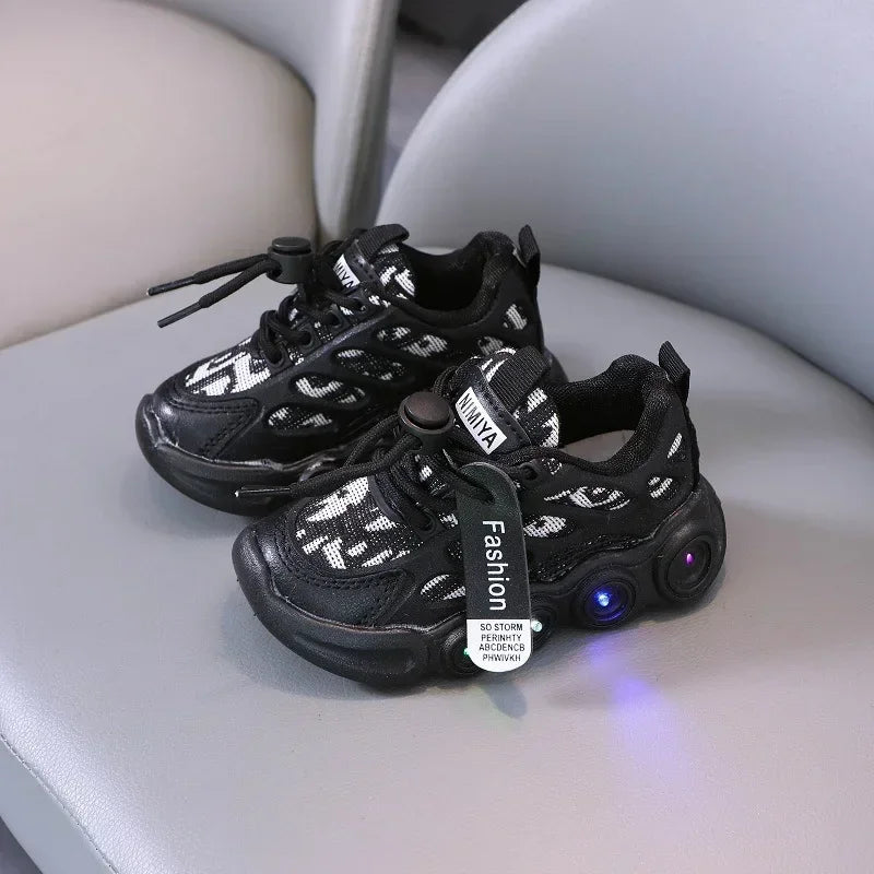 Kids LED Light Up Sneakers - Glow Boys 1-6 Years Breathable Mesh Sporty Shoes Casual Letter Webbing Luminous Footwear