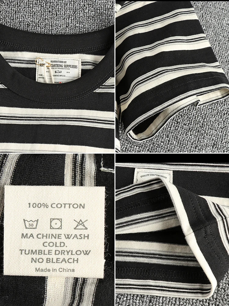 2024 Summer New American Retro 240g Short Sleeve O-neck Striped T-shirt Men's Simple 100% Cotton Washed Heavyweight Casual Tops