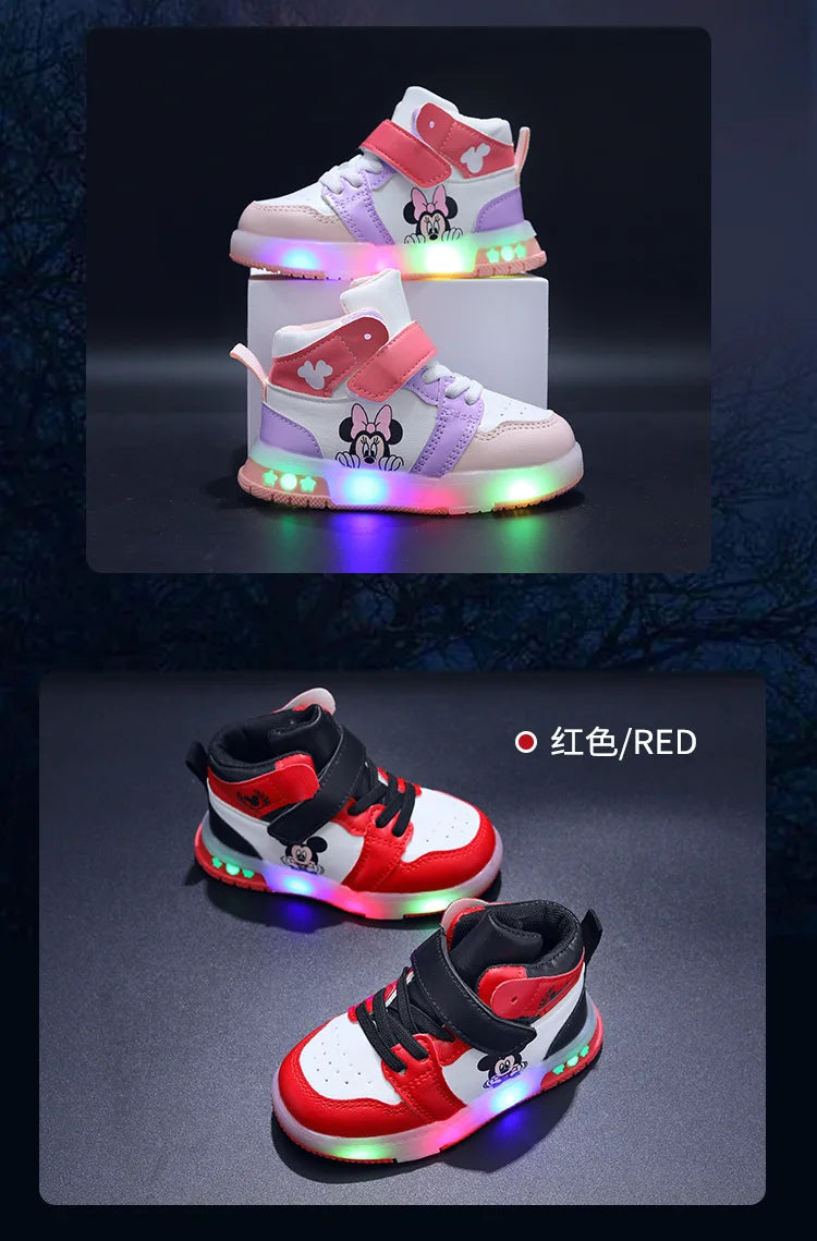 Disney Girls' Casual Sneakers PU Leather Mickey Mouse LED Light-Up Children's Sneakers - 1-6 Years Old Sports Casual Footwears