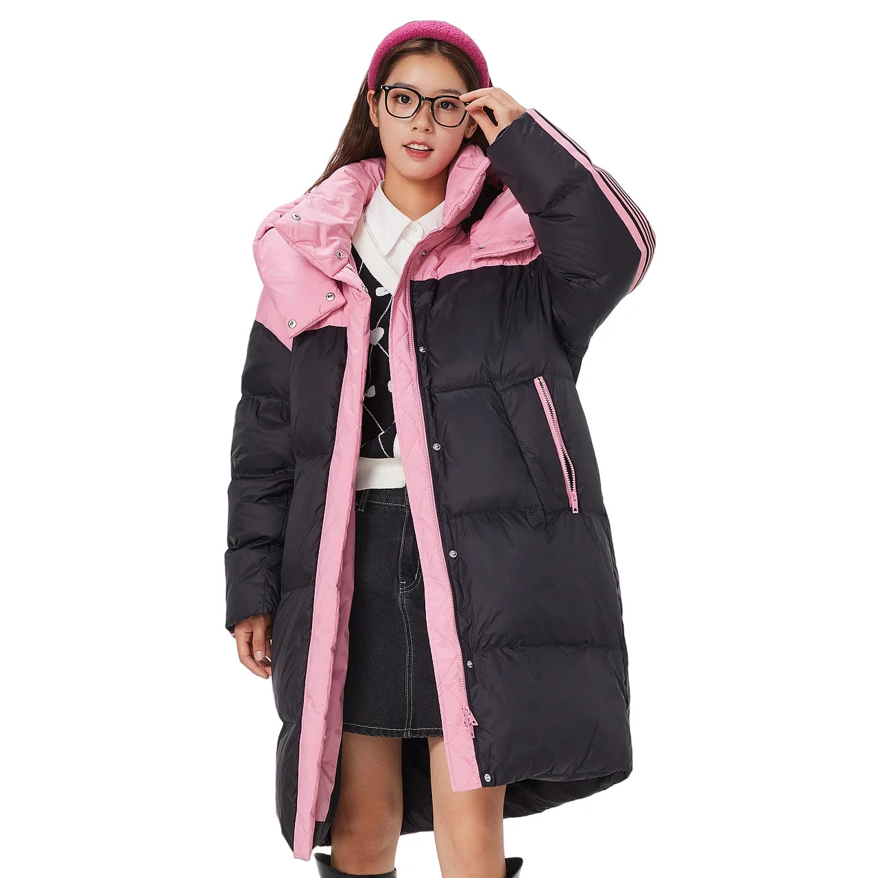 Women's Knee-Length Padded Coat With Detachable Hood, Stylish Colour-Blocking Windproof, Warm Duck Down Jacket For ladies