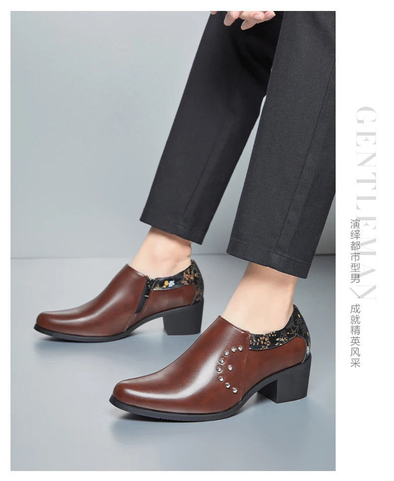 Retro Men European Fashionable Rivet Oxfords Dress Shoes High Heel Male Party Dressing Shoes Height Increasing Zipper Shoe