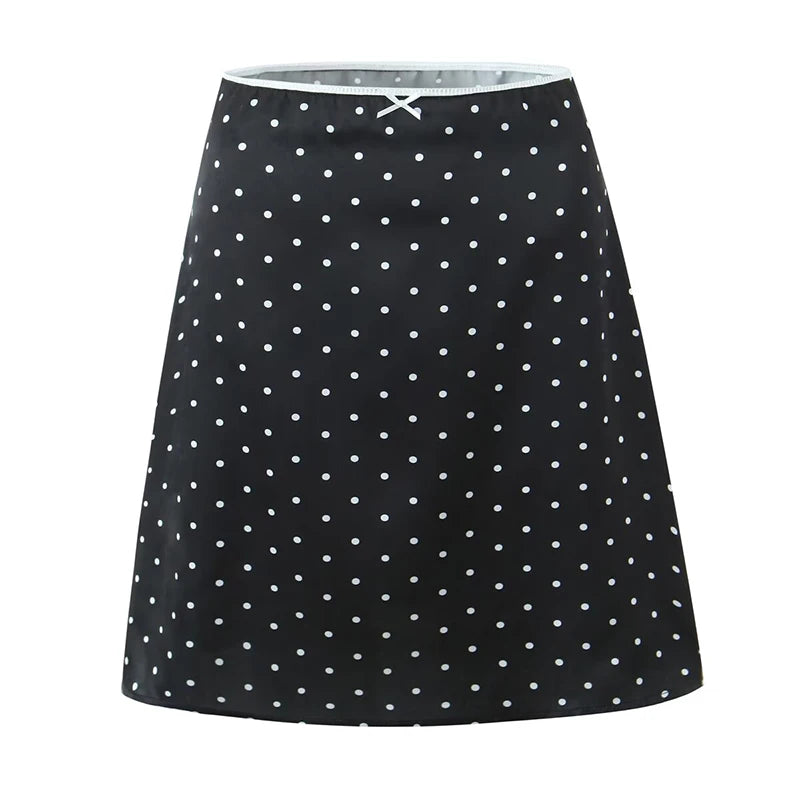 2025 Women Vintage Black White Polka Dot A-line Knee Length Skirt Sexy Low Waist Holiday Summer Skirts