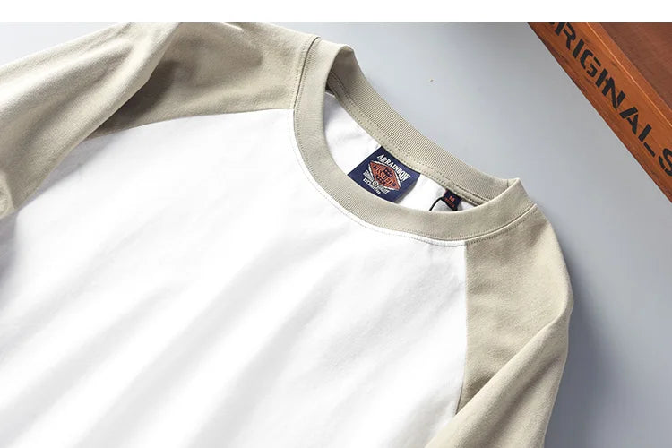 Autumn New American Retro Long Sleeve O-neck Contrast Splicing T-shirt Men's Fashion 100% Cotton Washed Old Casual Sport Tops