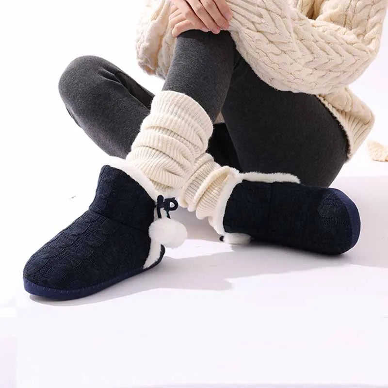 Women's Winter Warm Plush Boots Suitable For Outdoor and Indoor Use With Soft Sole Non-Slip Knit Furry Snow Shoes Cosy Cotton
